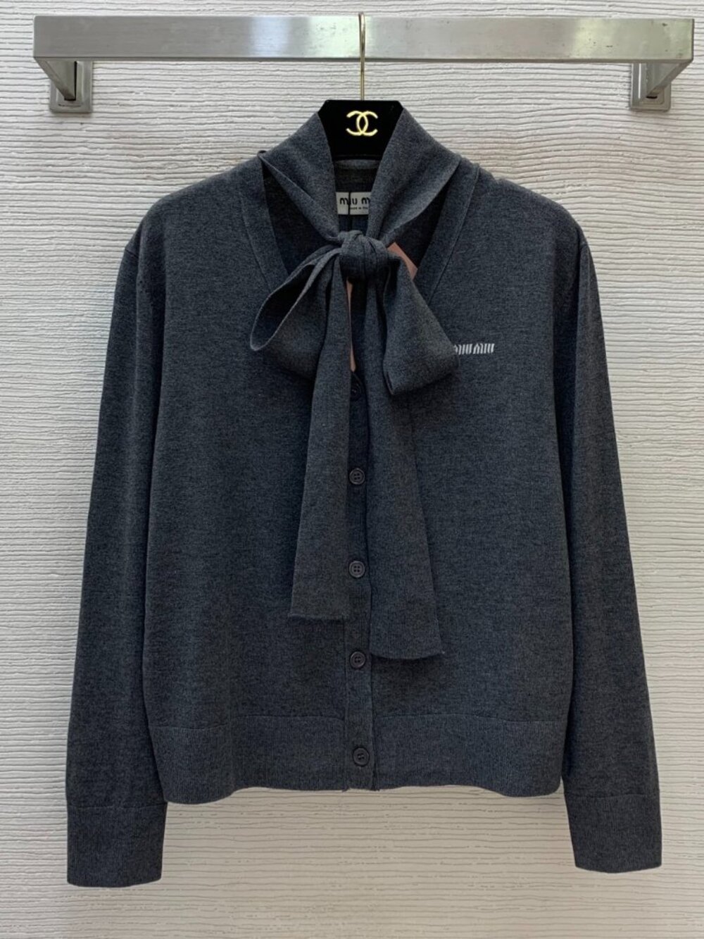 Miu Miu Bow Tie Knit Cardigan | Preppy Coquette V‑Neck Button Sweater